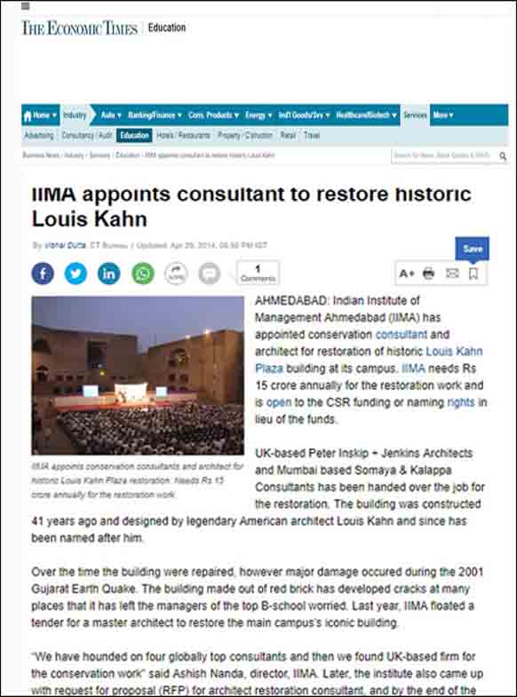 IIMA appoints consultant to restore historic Louis Kahn , Economic Times